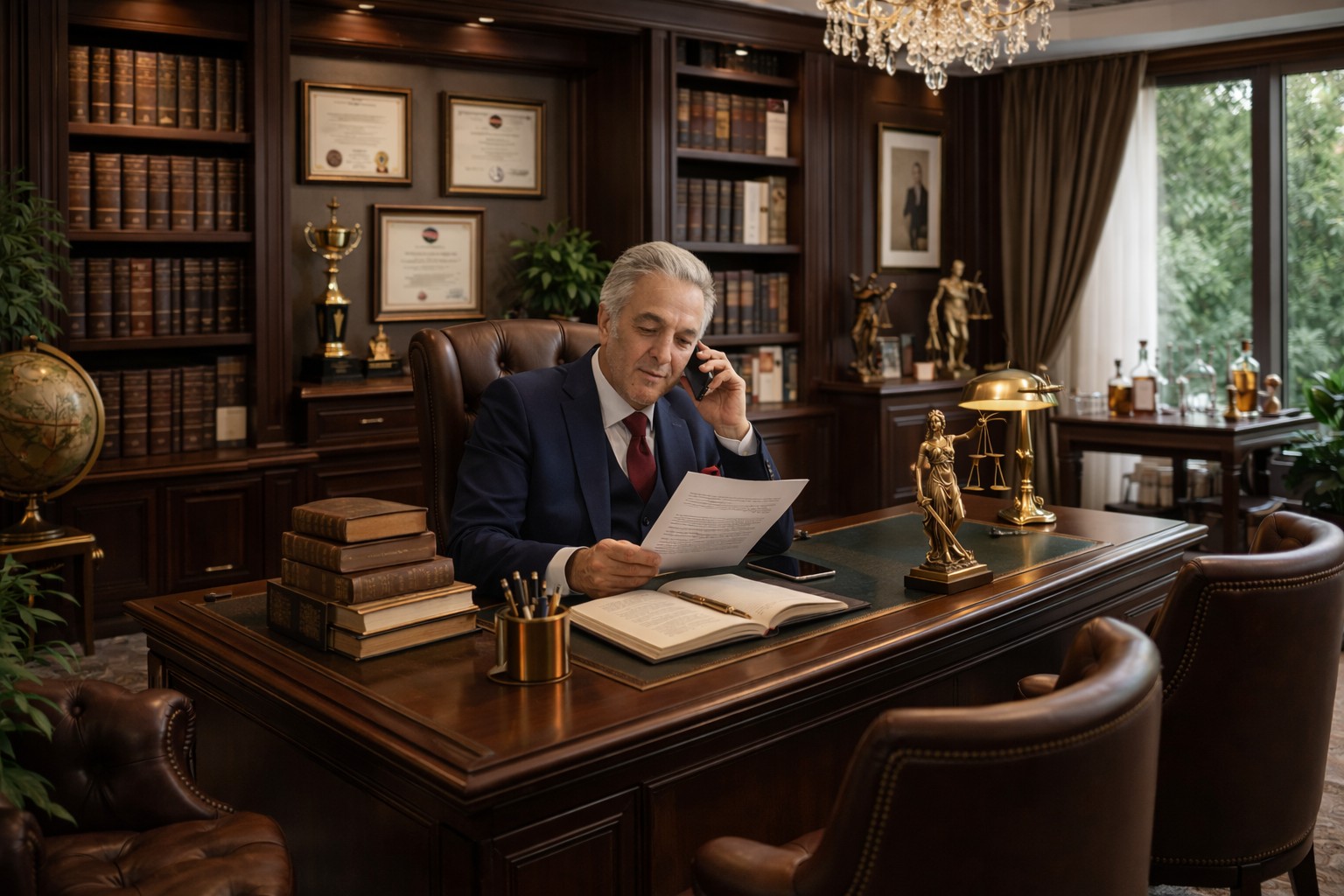 Attorney reviewing a legal file in his office
